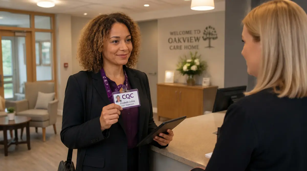 A CQC inspector showing her identification badge at a care home reception desk