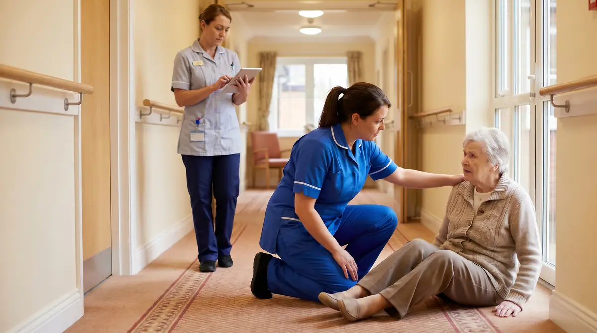 A care worker kneeling beside an elderly resident who has fallen in a care home corridor while a colleague records the incident on a tablet