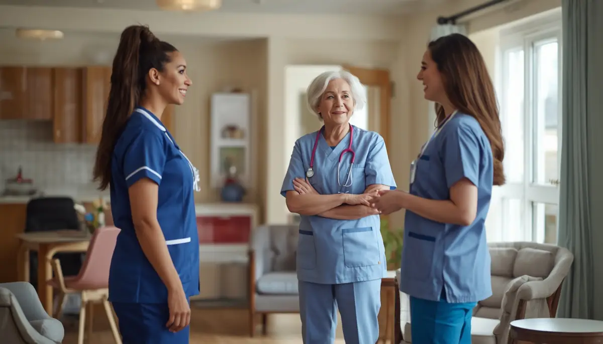 Three care workers having a brief team handover in a bright care home room