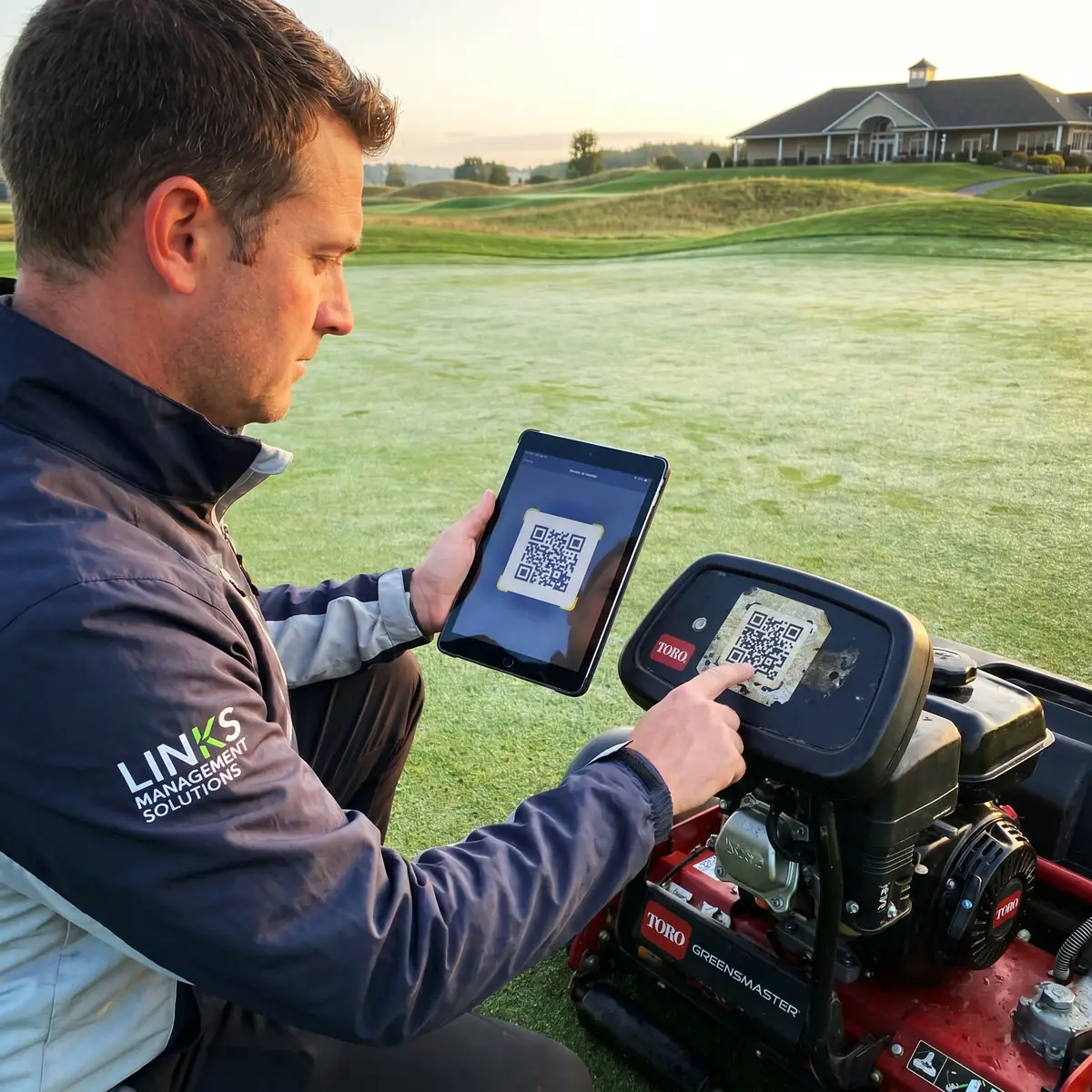 Greenkeeper scanning a mower's QR code on a tablet to log a compliance check